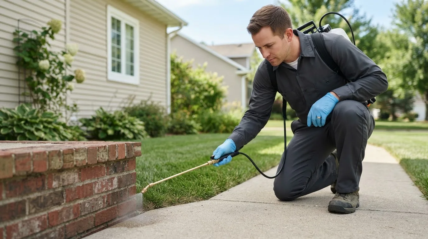 Pest control technician treating a home near Ellington, CT